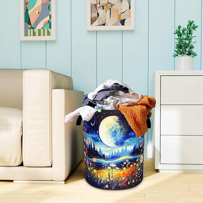 Moon Forest Flowers Laundry Basket Oxford Cloth Beautiful Night Laundry Hamper With Handle Foldable Portable Clothes Storage Basket 18.9 X 16.5 In Storage Bag For Laundry Room/Bathroom/Bedroom