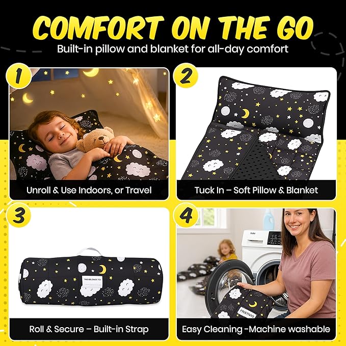 PRISTIVIO Roll Up Kids Nap mat with Fleece Ultra-Soft Minky Blanket and Pillow – Soft Toddlers Sleeping Mat with Dreamy Star-and-Cloud Design for Daycare, Preschool, Travel, Camping, Kindergarten