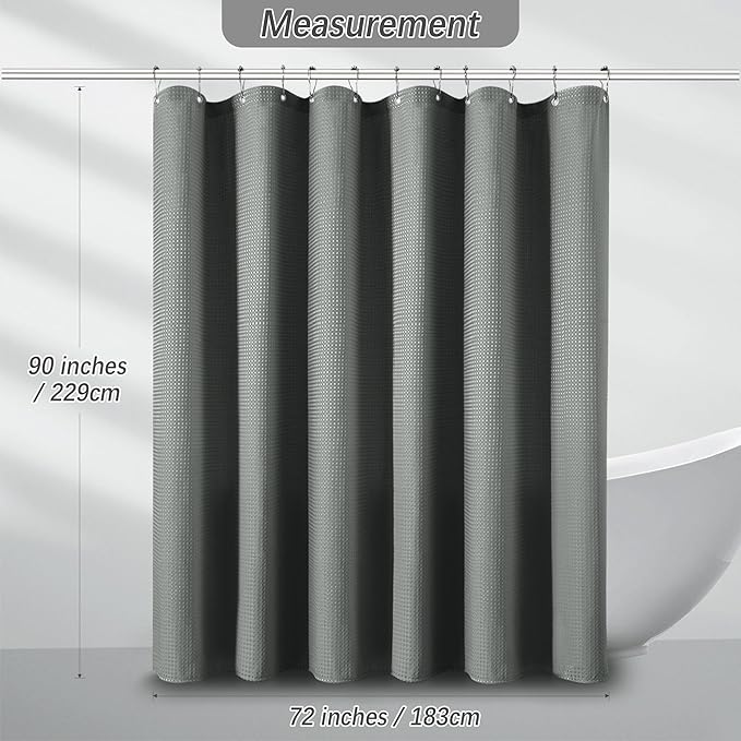 PANGSINNE 72 x 90 Shower Curtain Waterproof Fabric Shower Curtain Waffle Weave Heavy Duty Shower Curtain Set for Bathroom,Washable, 256GSM Modern Shower Curtains with 12 Metal Hooks, 72Wx90H Grey