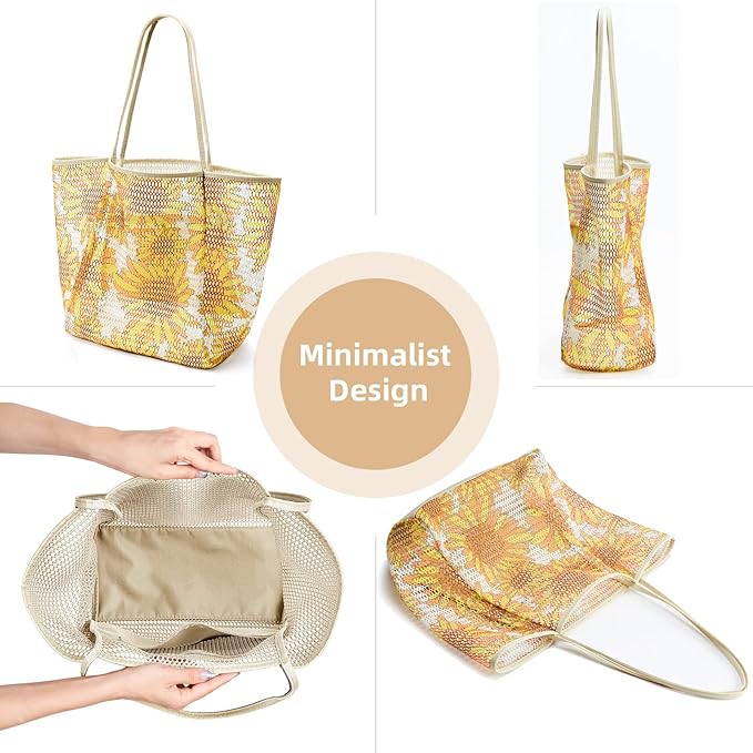 KALIDI BeachNylon Mesh Tote Bag, Casual Tote Bag Hobo Women Foldable MAX 23L Shoulder Bag For Beach Picnic Vacation