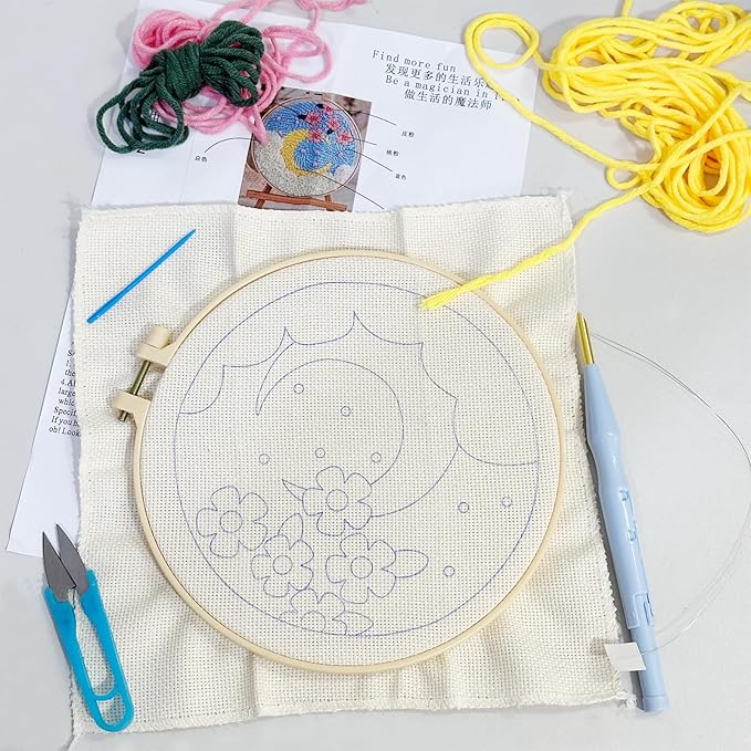 Woohome Punch Needle Kit Included Plastic Hoops, Punch Needle Cloth, Color Yarn and Punch Needle Tools for Adults, Beginners (Chrysanthemum and Cherry Blossom)