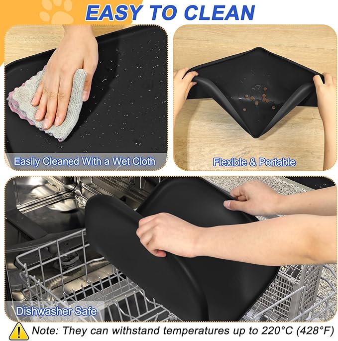 SMILOOL Silicone Pet Feeding Mat with Raised Edge for Food and Water, Dog Bowl Mats, Cat Bowls Placemat with High Lip for Floor Waterproof, Rubber Tray for Cats and Dogs 19 x 12 x0.7 Black