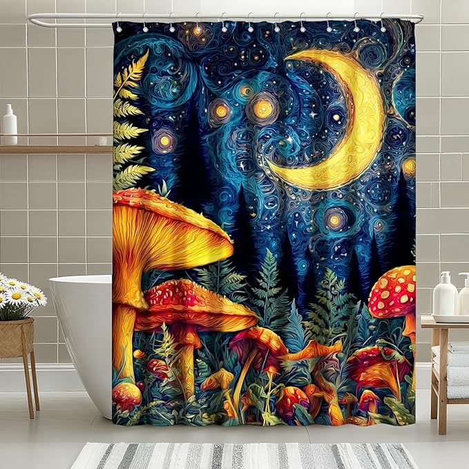 mutakin Mushroom Shower Curtain Moon Aesthetic Shower Curtains for Bathroom Waterproof Fabric Bath Curtain Decor with Hooks