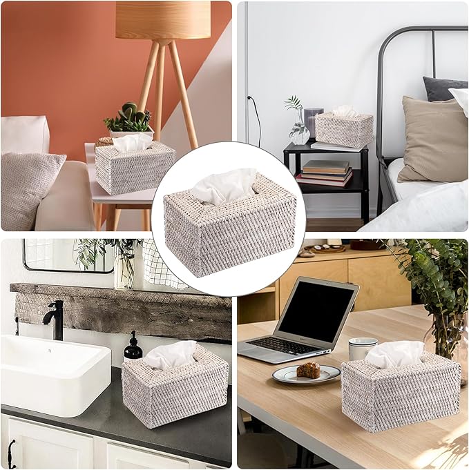 Sumnacon Tissue Box Cover Large Rectangle Tissue Box Rattan Tissue Box Holder,Wicker Decorative Tissue Holder for Bathroom Toilet Living Room Kitchen Office Table Desk,Whitewash