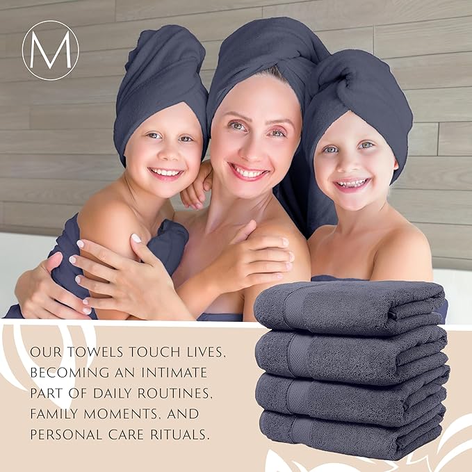 MAURA Indigo Blue Extra Large Turkish Cotton Luxury Bath Towels Set of 4. Ultra-Soft, Thick & Plush Towels for Bathroom - Denim Blue