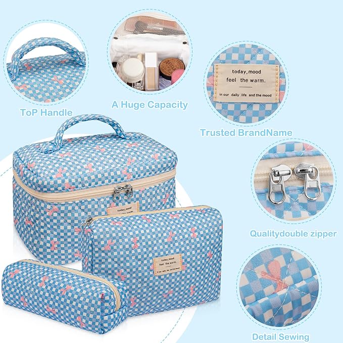 Gosect 3PC Makeup Bag Set, Cute Cosmetic Bag for Women Girls, Floral Coquette Aesthetic Toiletry Bag, Travel Make Up Organizer Bag（Blue Check）