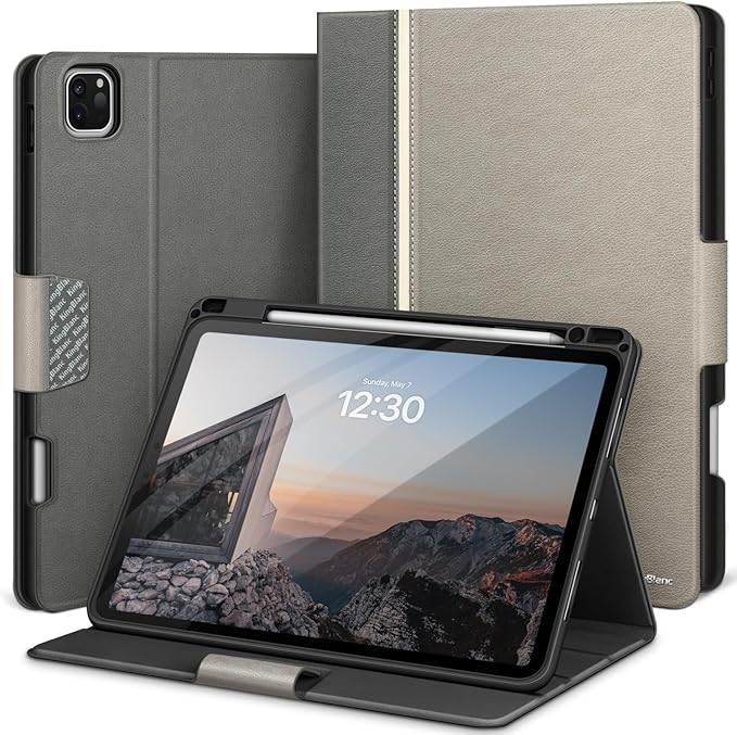 KingBlanc Case for iPad Pro 11-inch Case 4th/3rd/2nd Generation (2022/2021/2020) with Pencil Holder, Vegan Leather Bicolor Cover, Auto Sleep Wake, Apple Pencil 2. Charging, Multi-Angle Viewing, Gray
