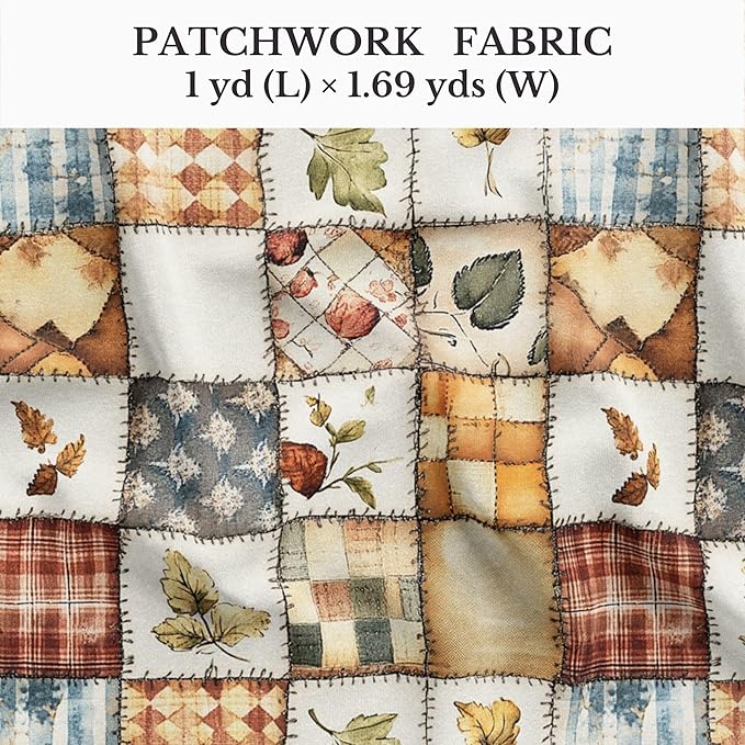 Patchwork Cotton Fabric Panel 61 x 36.6 Inches, Autumn Leaves Quilt Style Pattern, Rustic Brown Beige Blue Design, 100% Cotton 140 GSM