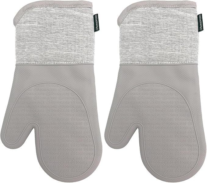 Homewear Marlow Silicone Extra Long Oven Mitt 2 Piece Set, Heat and Slip Resistant, Recycled Cotton with Soft Lining, Thick Kitchen Gloves for Cooking, Grey