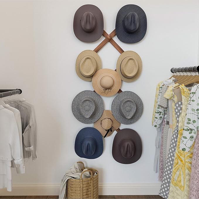 SKOLOO Large Hat Rack for Wall, Wooden Accordion Wall Hanger, Modern, Expandable Coat Hooks, Hat Display Rack for Home, Office, and Studio, 11 Peg, Natural