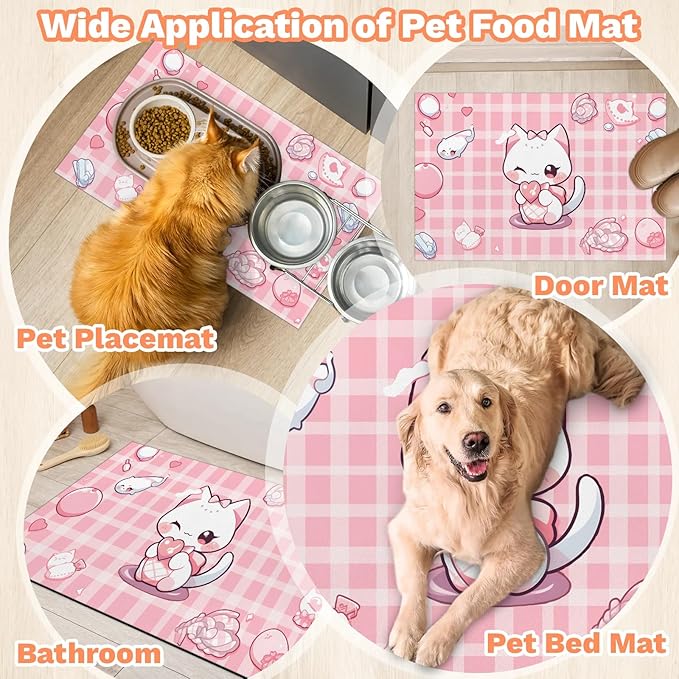 Eizlang Pink Kitten Dog Food Mat,12"x20" Inches Rapid Absorbent Pet Feeding Mat,Pets Placemat Water Bowl Mats with Rubber Backing,No Stains Dog Cat Feeding Mats Indoor,Pet Accessories Supplies