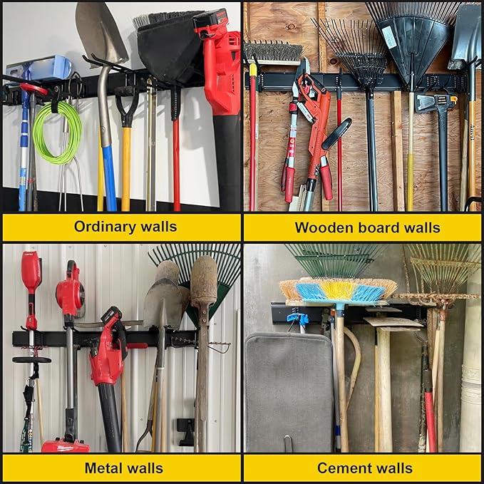 Suemoss Garage Tool Organizer Wall Mount, 48 Inches Garden Tool Organizer with Adjustable Hooks, Metal Garage Storage Rack Max Loading 440lbs, Tool Holder for Hanging Rake Broom Mop Snowboard