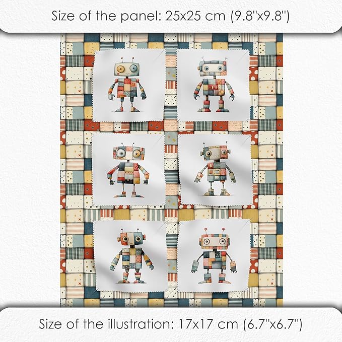 Robot Patchwork Cotton Fabric Panel – 6 Designs (10×10 inch Each) + Bonus Patchwork Sheet 29.5×19.6 inch, 100% Cotton 140 GSM, Made in Turkey