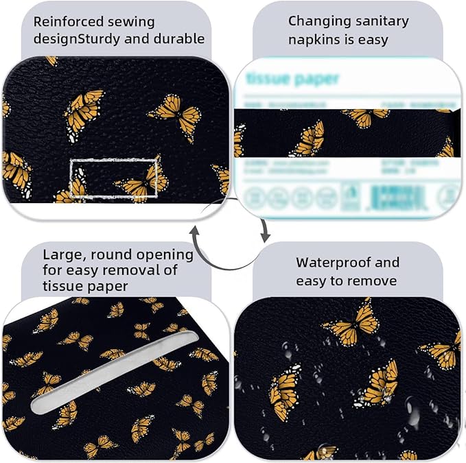 2 Pack Butterfly on Black Background Tissue Box Cover Holder - Leather Decorative Organizer for Tabletop, Bathroom, Car, Office