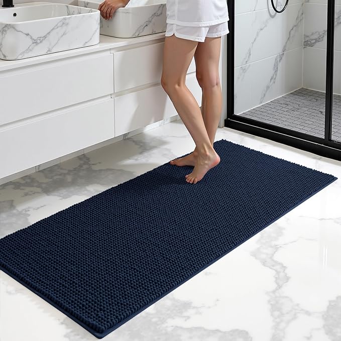 subrtex Bath Mat, Chenille Bath Rug, Soft Short Plush Bath Mat, Water Absorbent Shower Mat, Quick Dry, Machine Washable, Navy, 24' x 60'