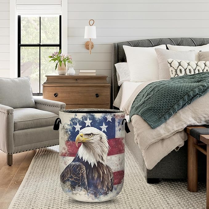 American Flag Eagle Laundry Basket with Sturdy Handles, Memorial Day Patriotic Collapsible Oxford Cloth Laundry Hamper Organizer Basket for Bathroom Bedroom 15.7x20 Inch