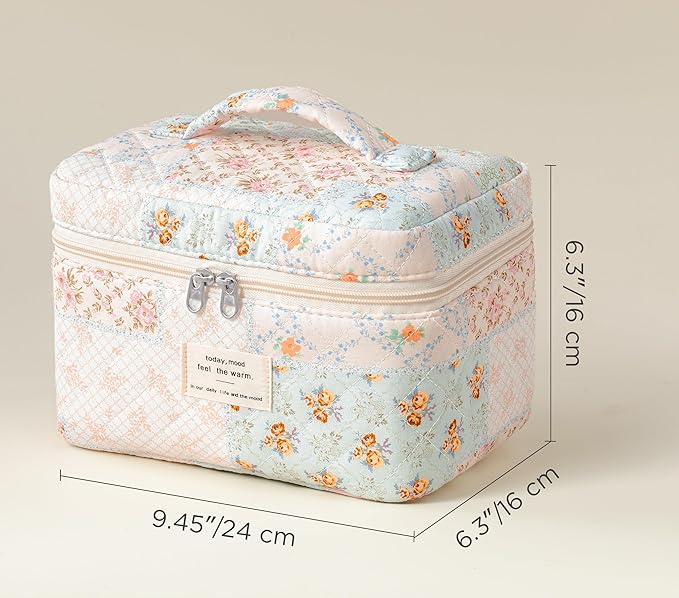 HBselect Christmas Gifts Large Quilted Makeup Bag, Cute Cotton Travel Makeup Bag with Handle, Portable Coquette Floral Make up Bags, Toiletry Organizer Make up Bags for Women Teen Girls Mom