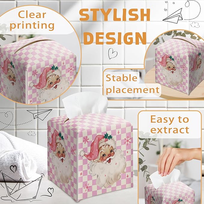 Merry Christmas Tissue Box Holder, Santa Claus Pink Checkered Leather Tissue Box Cover Square, Paper Facial Decorative Tissues Cover for Night Stands Bathroom Office Home Decor-B09
