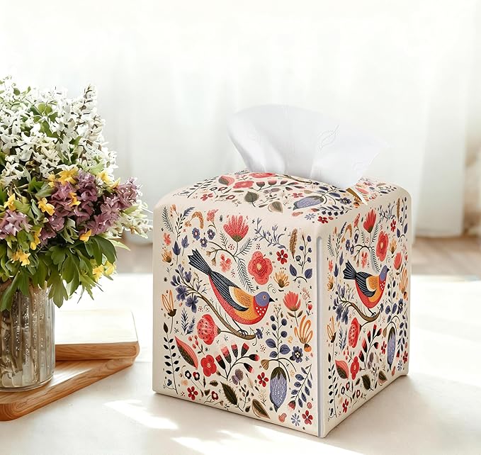 Scandi Bird Tissue Box Holder, Scandinavian Boho Leather Tissue Box Cover Square, Paper Napkins Everyday Dispenser for Bathroom Vanity Countertop Night Stands Kitchen Office Car Home Decor