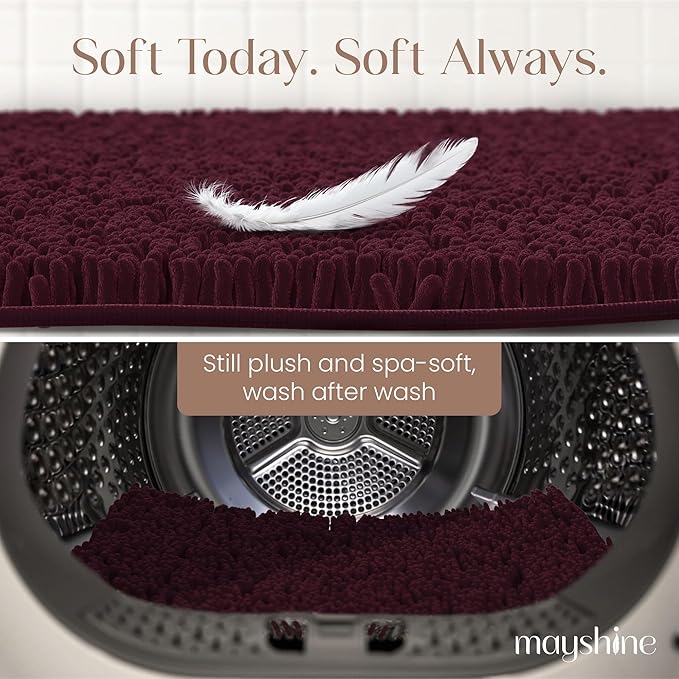 MAYSHINE Plush Shaggy Chenille Bath Mat | Extra Soft, Super Absorbent, Non-Slip Bathroom Rug | Fluffy Microfiber, Area Rug Sets for Bathroom Floor, Kitchen, Living Room | 39"x24" | Burgundy