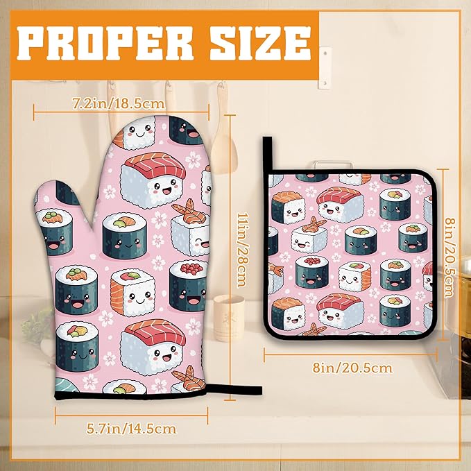 Cute Sushi Roll Japanese Oven Mitts and Pot Holders Set,Kitchen Decor Heat Resistant Non Slip Hot Pads and Oven Mitt for Chef Cooking Baking BBQ Mom Girl Gifts(4 Piece Set)