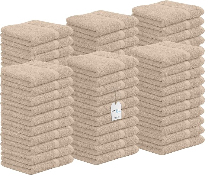 Avalon Towels Cotton Washcloths – (Pack of 60) Size 12x12 Inches, 100% Ring Spun Cotton, Soft & Absorbent Face Towels, Gym Towels, Hotel and Spa Quality, Reusable Fingertip Towels (Natural)