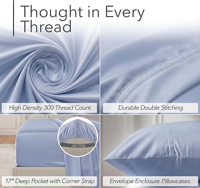 DECOLURE 100% Viscose Derived from Bamboo Sheets California King Size - Luxury 6 Pc Naturally Cooling Sheets, Ultra Soft Bed Set - Deep 17" Pockets, Double Stitching, Oeko Tex Standard (Light Blue)