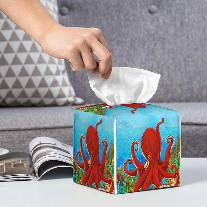 POIUBLE Tissue Box Holder Cartoon Octopus Tissue Box Cover Square Leather Tissue Holder Organizer Portable Decorative Facial Paper Case for Home Office Bathroom Vanity Countertop