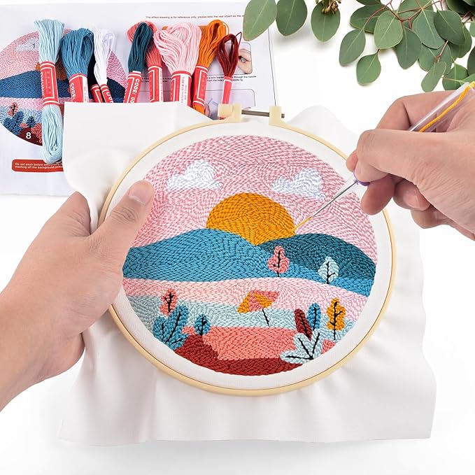 ERKOON Punch Needle Kit Adults Beginners, DIY Easy Landscapes Embroidery Set for Starter Art Craft, Needling Punch Project with Patterns, Tools, Yarns, Hoop, Instruction (Summer)