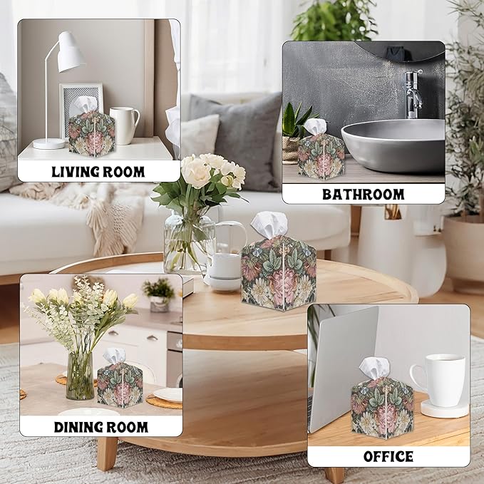 Vintage Flower Square Tissue Box Holder Cover, Tissue Cube Box Organizer for Bathroom, Living Room, Office, Countertop, Car, Night Stands, Modern Home Desk Tabletop Decor - A05