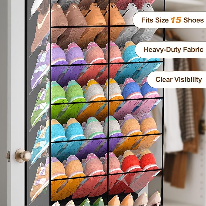 30 Pairs Over the Door Shoe Organizer, Transparent PVC Hanging Shoe Rack for Closet, 10-Tier Door Shoes Storage, Crystal-Clear Visibility Fit All the Family's Sneakers, Boots, Heels, Black Frame