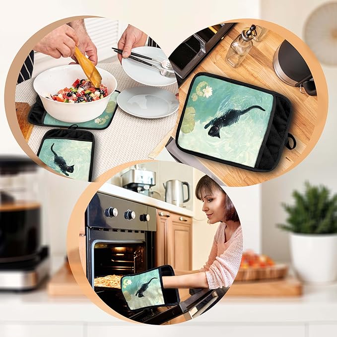 Black Cat Swimming in Waterlilies Pot Holders with Pockets, Cat Kitchen Decor, Whimsical Funny Black Kitten Oven Pot Holders Heat Resistant Oven Mitts Hot Pads for Kitchen Baking Cooking