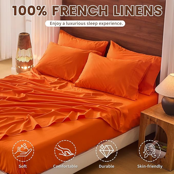 Bedlifes 100% French Pure Linen Sheets California King Size Breathable and Cooling Flax Sheet Set Soft Durable and Moisture Wicking 16 Inch Deep Pocket-4 Piece(Cal King,Orange)