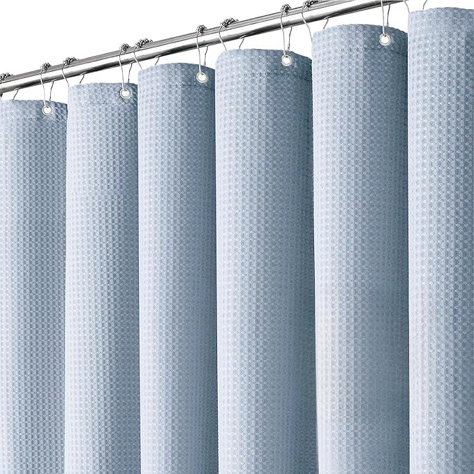 Inhousolu Fabric Shower Curtain Waffle Weave, Fog Blue 230 GSM Heavy Duty, Weighted Hem, 8 Metal Hooks, Water Repellent, Machine Washable, Hotel Spa Luxury Bath Curtain Set, 36 x 72 Inch