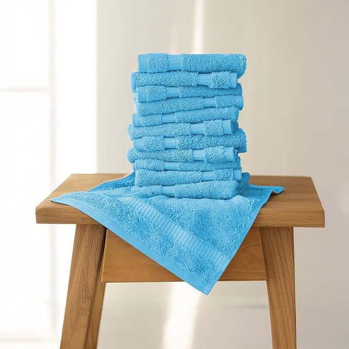 SALBAKOS 100% Turkish Cotton Washcloth Set of 12 13x13 inch | Heirloom Quality | Hotel & Spa Collection | Ultra Soft, Super Absorbent, Washcloth Towels | Made in Turkey (Aqua, 12 Washcloths)