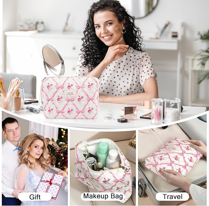 2PC Makeup Bag Set, Cute Cosmetic Bag for Women Girls, Floral Coquette Aesthetic Toiletry Bag, Travel Make Up Organizer Bag (Pink bow)