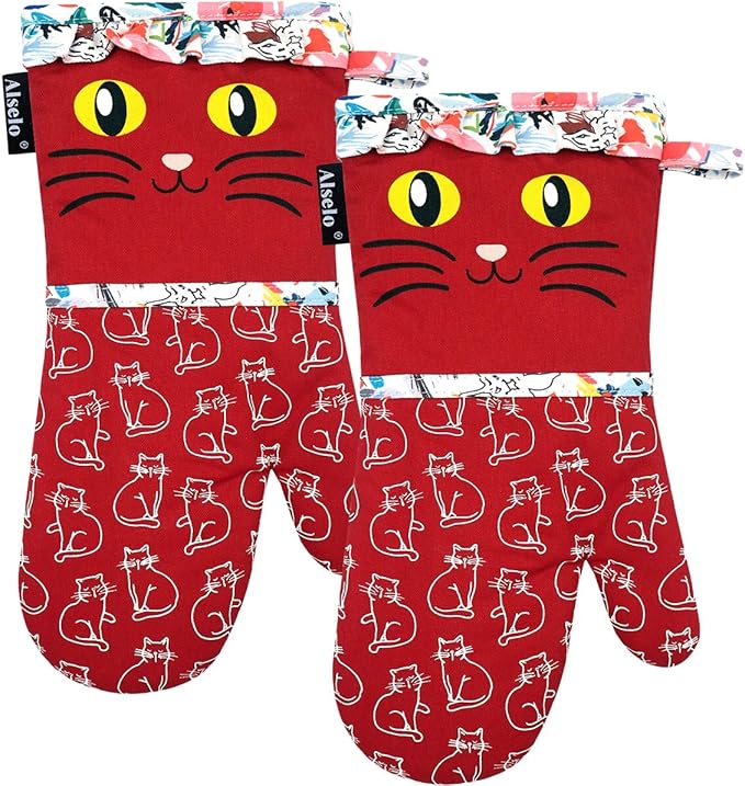 Oven Mitts, Heat Resistant with Soft Quilted Cotton Lining Set of 2, Fashion Animal Design with Silicone Printing Anti-Slip Kitchen Gloves for Safe Backing Cooking Barbecue (Red 2)
