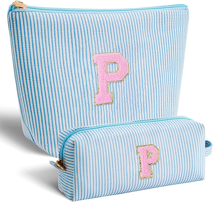 Btffitting Personalized Makeup Bag for Women Girls - Fashion Cosmetic Bag Trendy Travel Toiletry Bag with Initials Letter - Teen Gifts - Blue,P