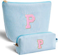 Btffitting Personalized Makeup Bag for Women Girls - Fashion Cosmetic Bag Trendy Travel Toiletry Bag with Initials Letter - Teen Gifts - Blue,P