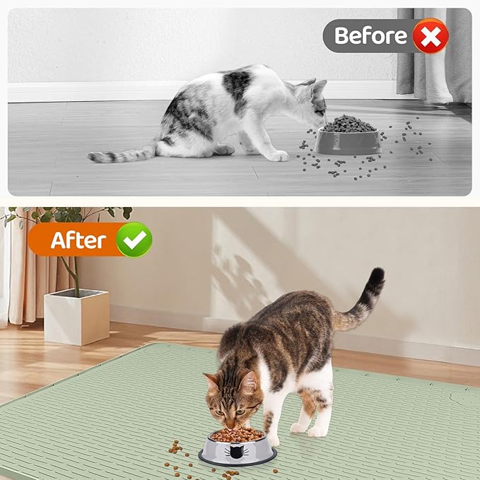 Bartuke Cat Food Mat, 40" x 28" Extra Large Silicone Pet Feeding Mat with Raised Edge Pet Placemat for Food and Water Bowl Non-Slip, Easy to Clean, Floor Protection (Green)
