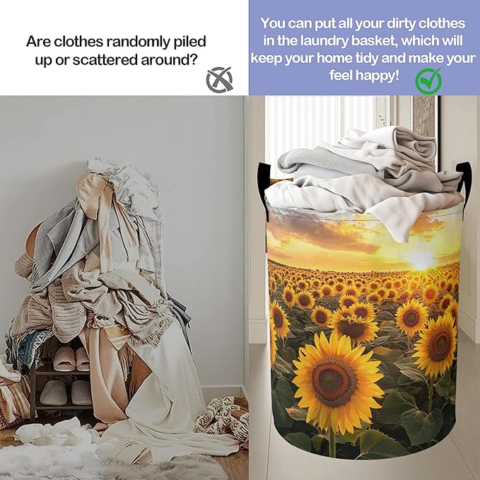 Laundry Basket,Sunset Sunflowers Large Canvas Fabric Lightweight Storage Hamper Organizer Dirty Clothes Collapsible Waterproof for College Dorms,Bathroom