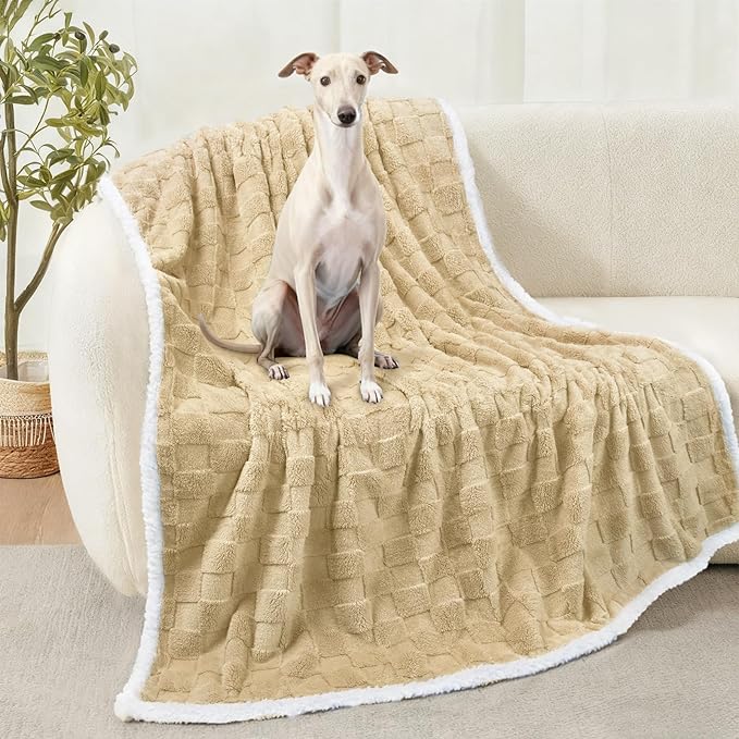 Luciphia Waterproof Dog Blanket for Large Dogs Washable Soft Sherpa Fleece Cat Blankets with 3D Jacquard Cozy Calming Reversible Bed Couch Protector Furniture Protection, Beige White, 65x57 inch