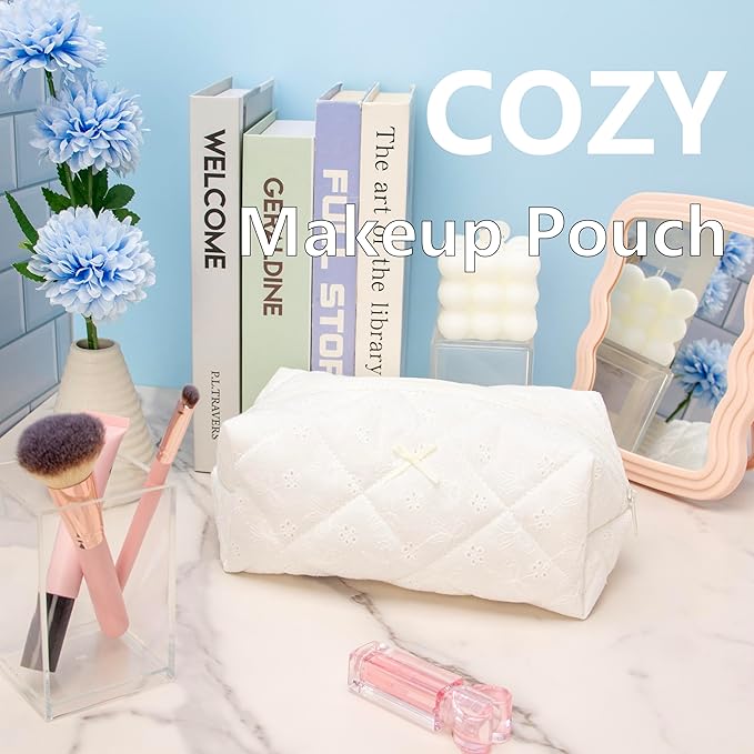 PAZIMIIK Cozy Makeup Bag Travel Cosmetic Bag for Women Soft Toiletry Bag Aesthetic Makeup Organizer Portable Large Zipper Pouch for Skincare Beauty Accessories Brushes Embroidery White