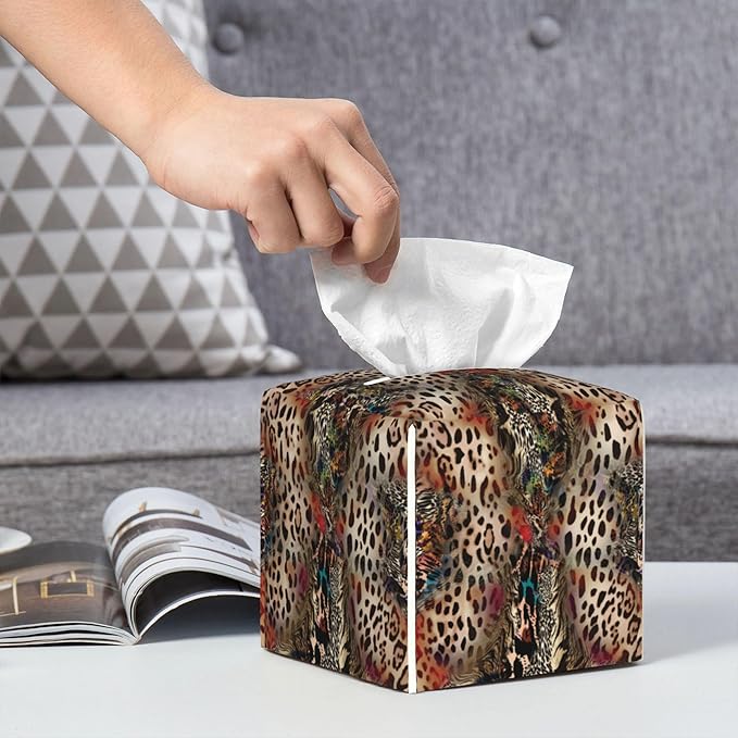 POIUBLE Leather Tissue Box Holder African Animal Leopard Print Tissue Box Cover Square Waterproof Tissue Holder Organizer Modern Napkin Holder for Bedroom Dresser Night Stand Office Desk