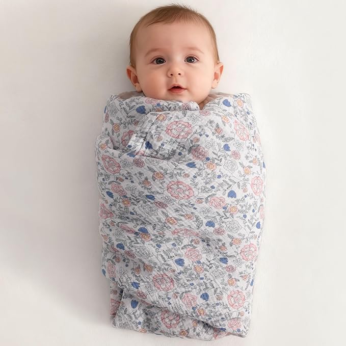 NTBAY 4 Layer Muslin Cotton Toddler Blanket, 42x60 Soft and Breathable Receiving for Newborns and Infants, Perfect for Crib, Stroller, Travel, Lightweight Nursery Blanket, Vintage Floral