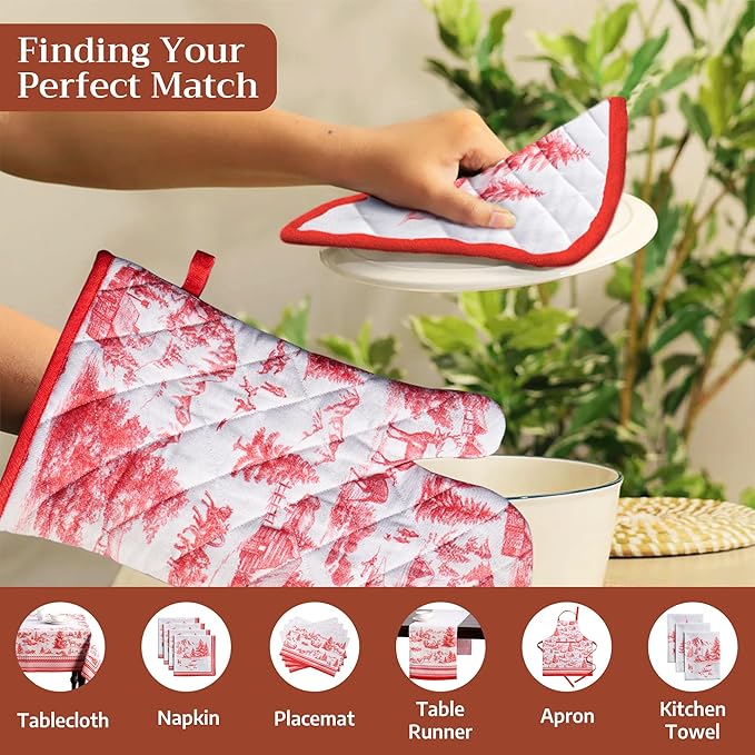Maison d' Hermine Oven Gloves 100% Cotton Oven Mitt 7" x 13" with Loop Heat Resistant BBQ Cooking Gloves for Thanksgiving Christmas Decorations Baking Handling Hot Pans (Pack of 1, Winter Jouy)