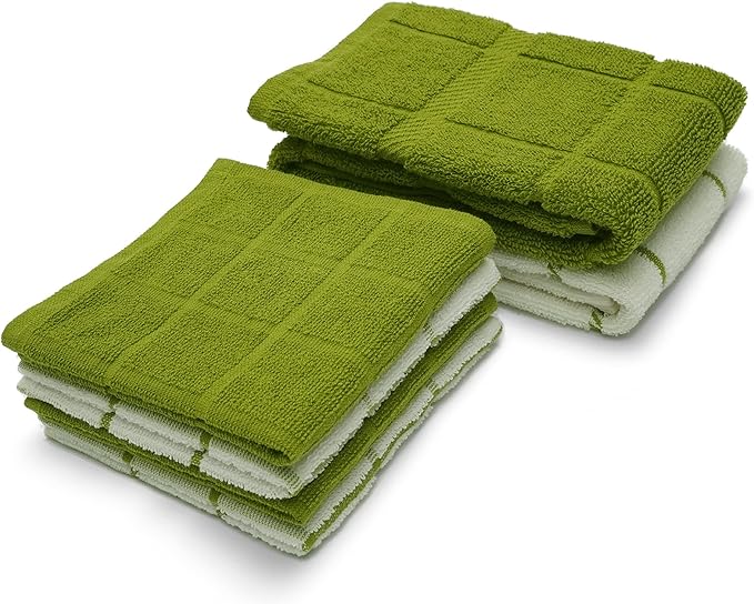 Mellow Buff 100% Cotton Terry Dish Cloth & Dish Towel, 6 Pack, Super Soft and Absorbent Kitchen Towels, Perfect for Kitchen Cleaning and Dish Washing (Green (DT and DC Combo))