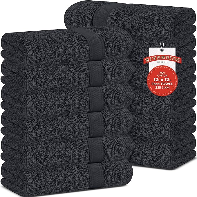 RIVERSIDE 12 Pack Premium 100% Cotton Face Wash Cloths, 12 x 12 Inches, Soft & Absorbent Face Towels for Bathroom Wash Clothes, 550 GSM, Luxury WashCloths for Showering, Body, Spa & Gym, Charcoal