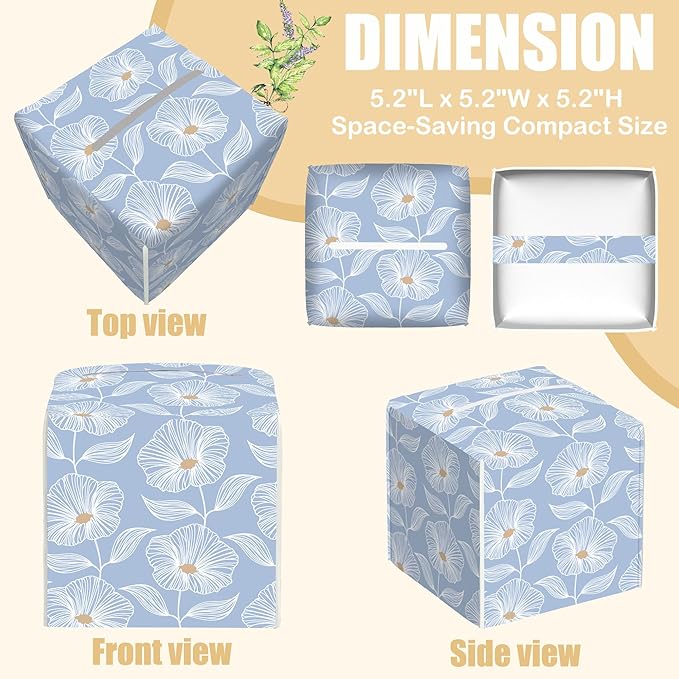Leather Tissue Box Holder Blue Floral Tissue Box Cover Facial Paper Case Organizer Cube Napkin Dispenser for Bathroom Vanity Countertop Night Stand Office Car