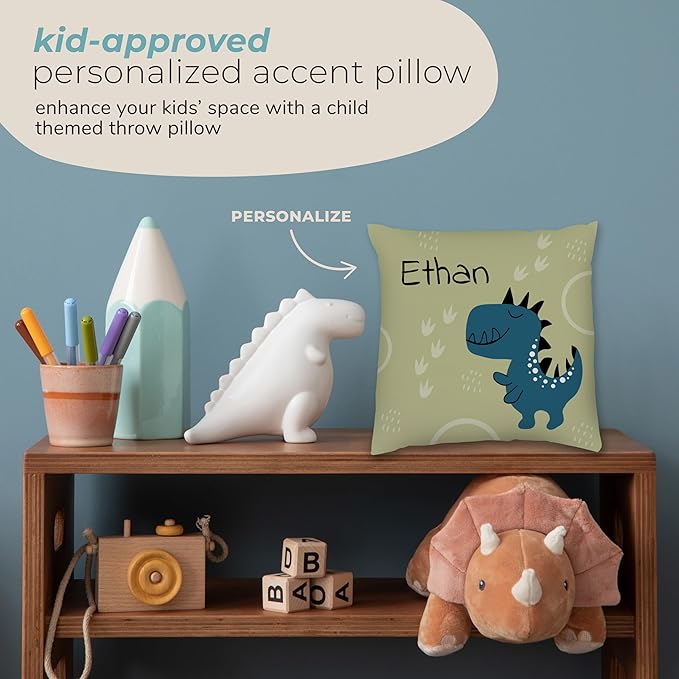Prints Next Day – Kids Custom Dinosaur Throw Pillow - 16" x 16" - Double-Sided Printing - Cover Only - Kids Personalized Bedroom Accent Pillow with Name - Nursery Decor - Printed in USA